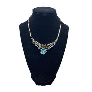 Vintage 16” Signed Gold Toned 1920’s Style Bib Choker with Aqua Blue Stones